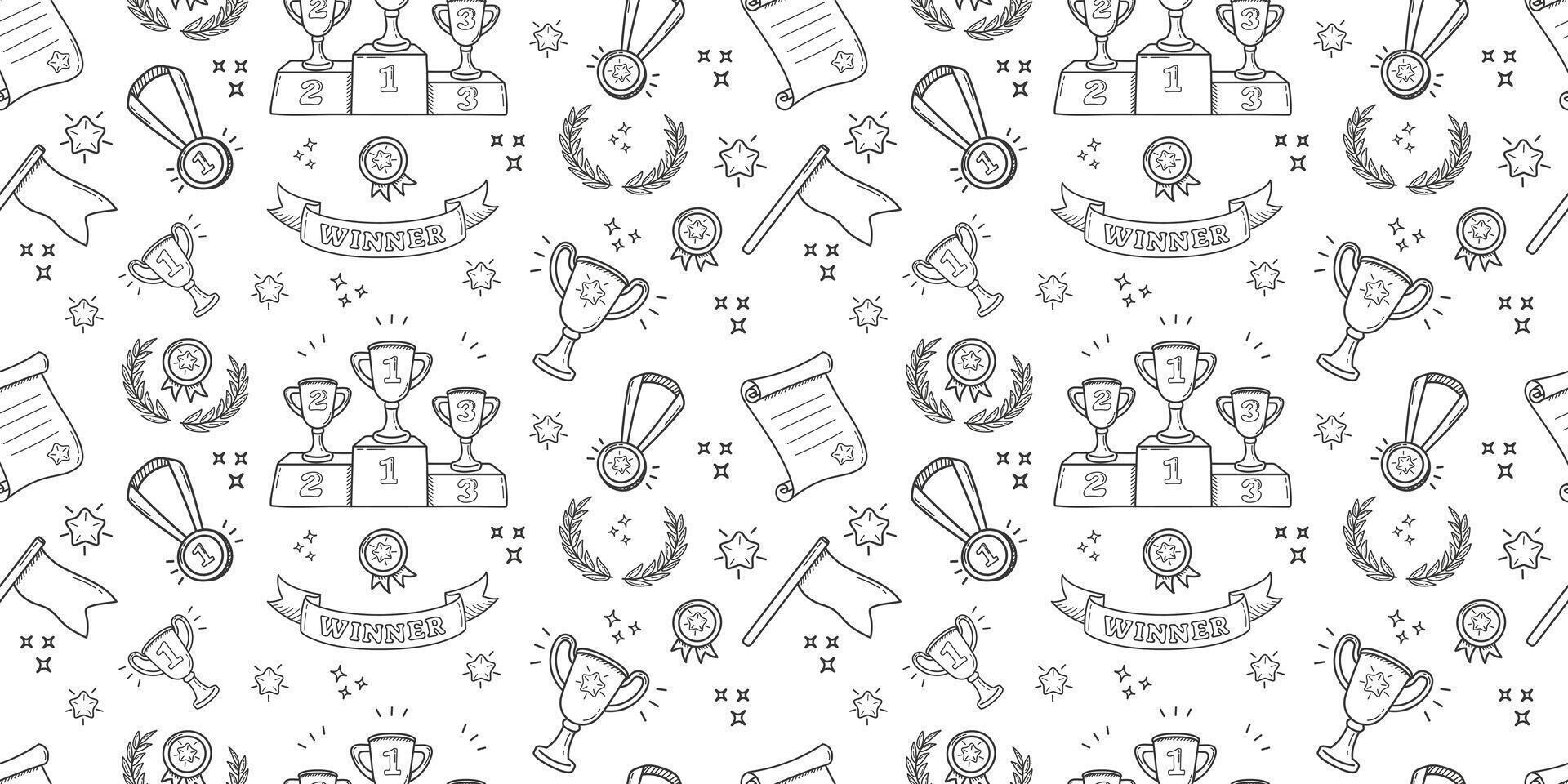 Doodle pattern sport. Background with linear symbols of winner. Black and white pattern with cups vector
