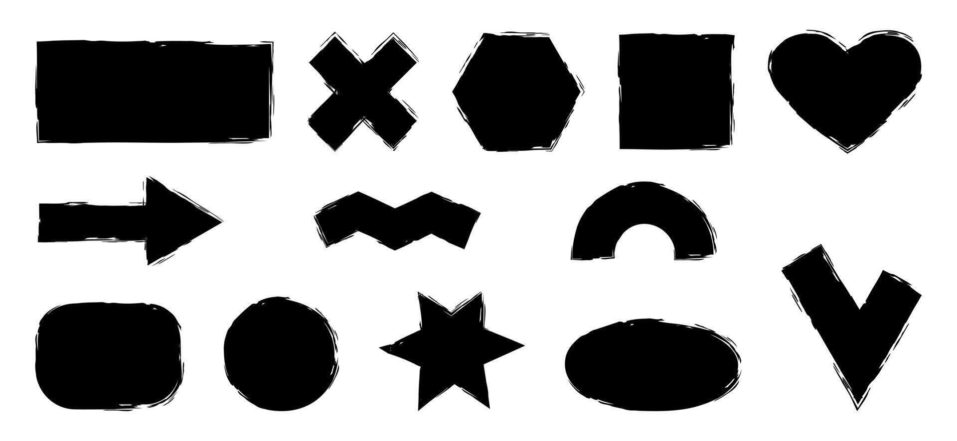 Circle, square and marker shapes drawn with a bristle brush. Rectangle, arrow and heart in grunge style. vector