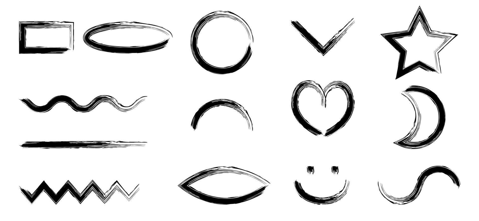 Brush doodles. Grunge line shapes. Heart, star, ellipse and various curved line shapes. vector