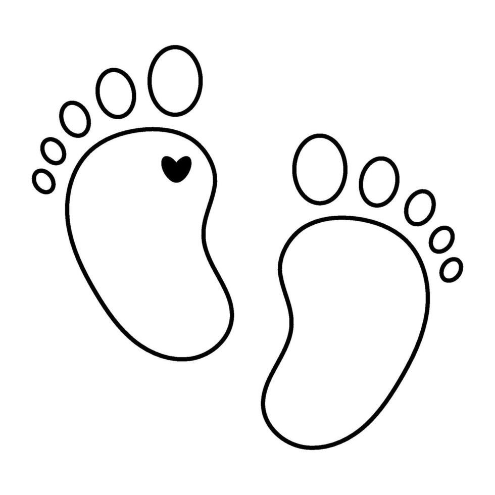 Baby feet. Icon of a baby footprint with a heart. Black and white. Illustration with editable stroke. vector