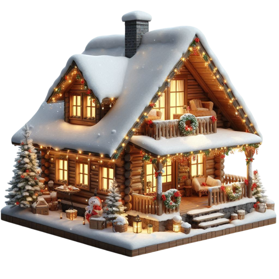 Cozy Christmas Cabin with Snowfall and Lights png