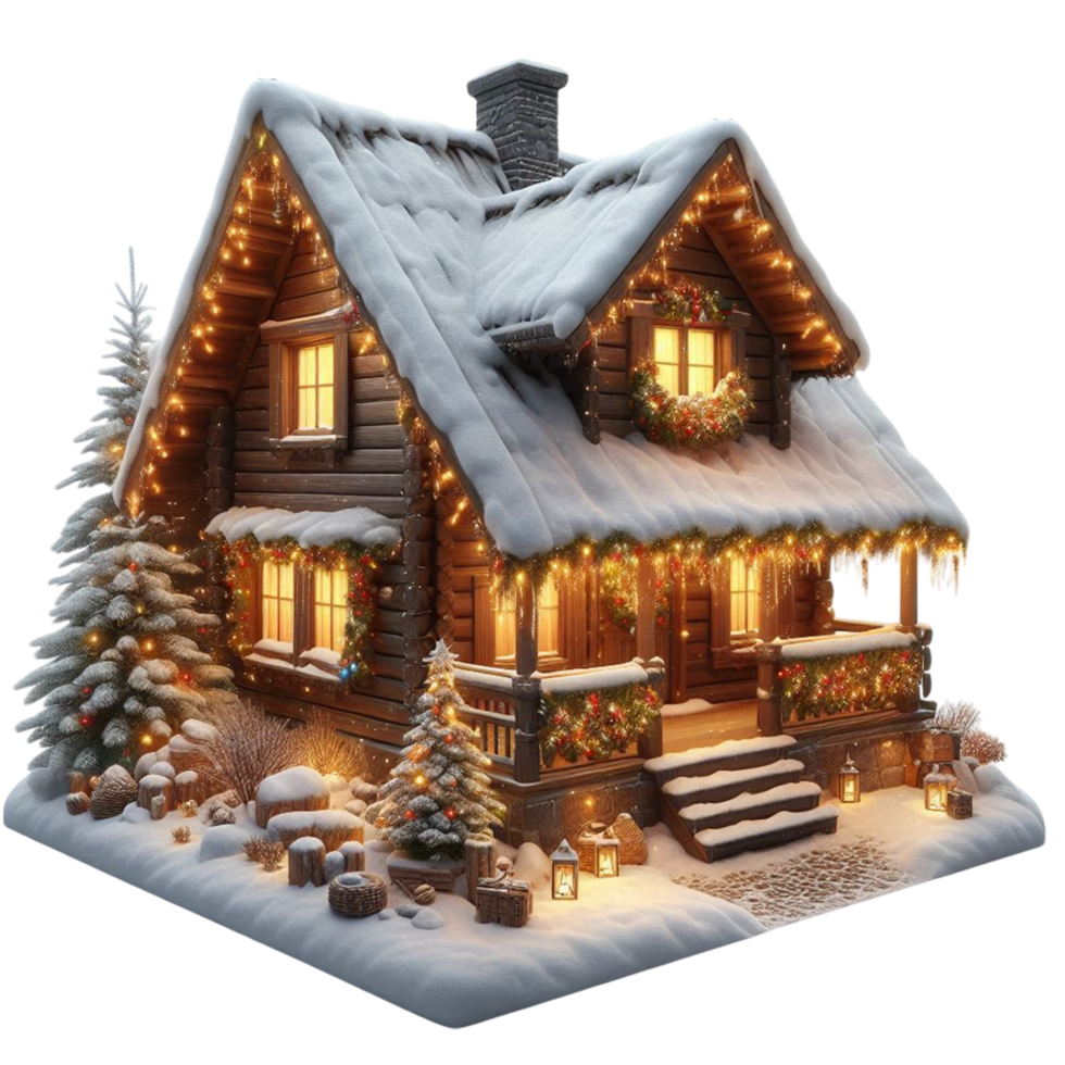 Cozy cabin decorated with Christmas lights and snow on the roof png