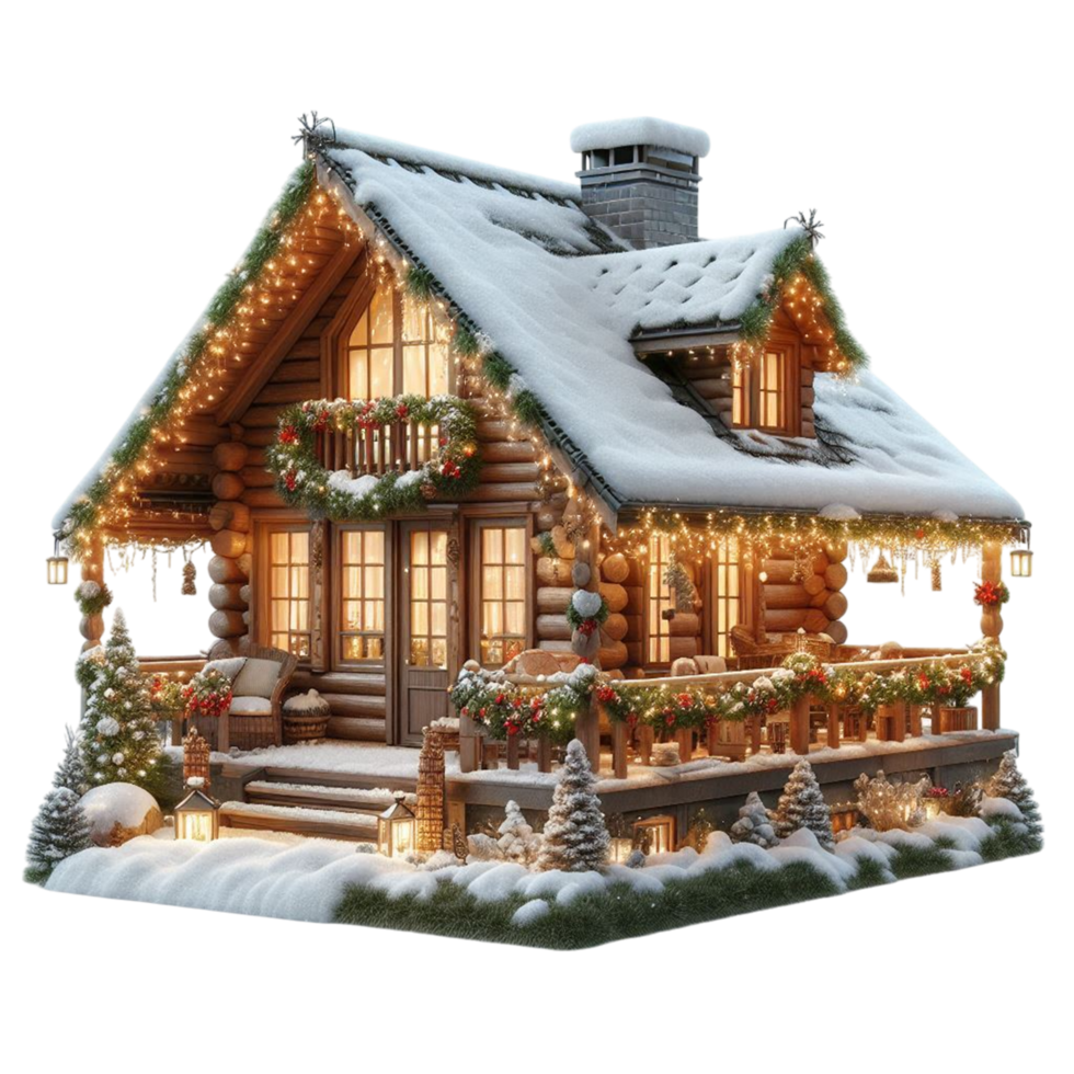 Christmas Cabin with Twinkling Lights isolated png