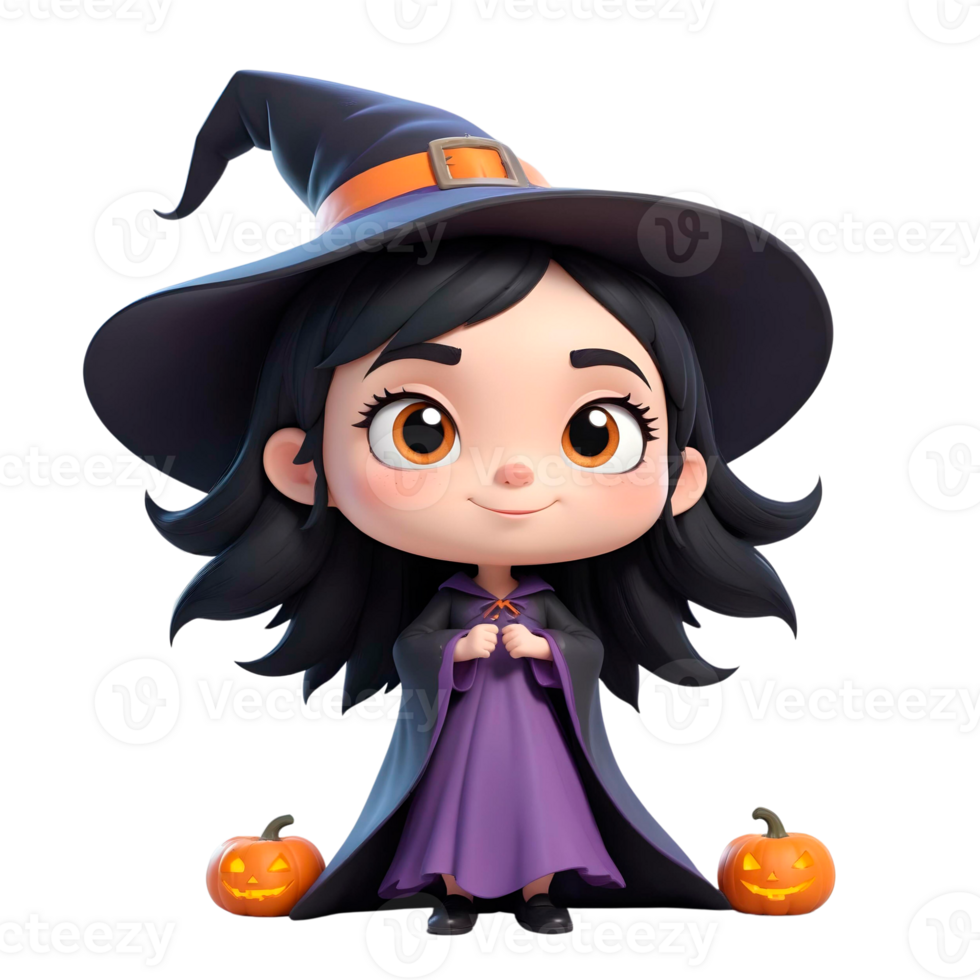 A cartoon witch with black hair and purple dress png