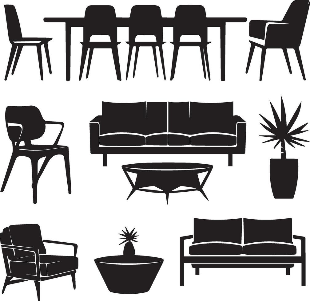 A different furniture including a table and a chair. vector