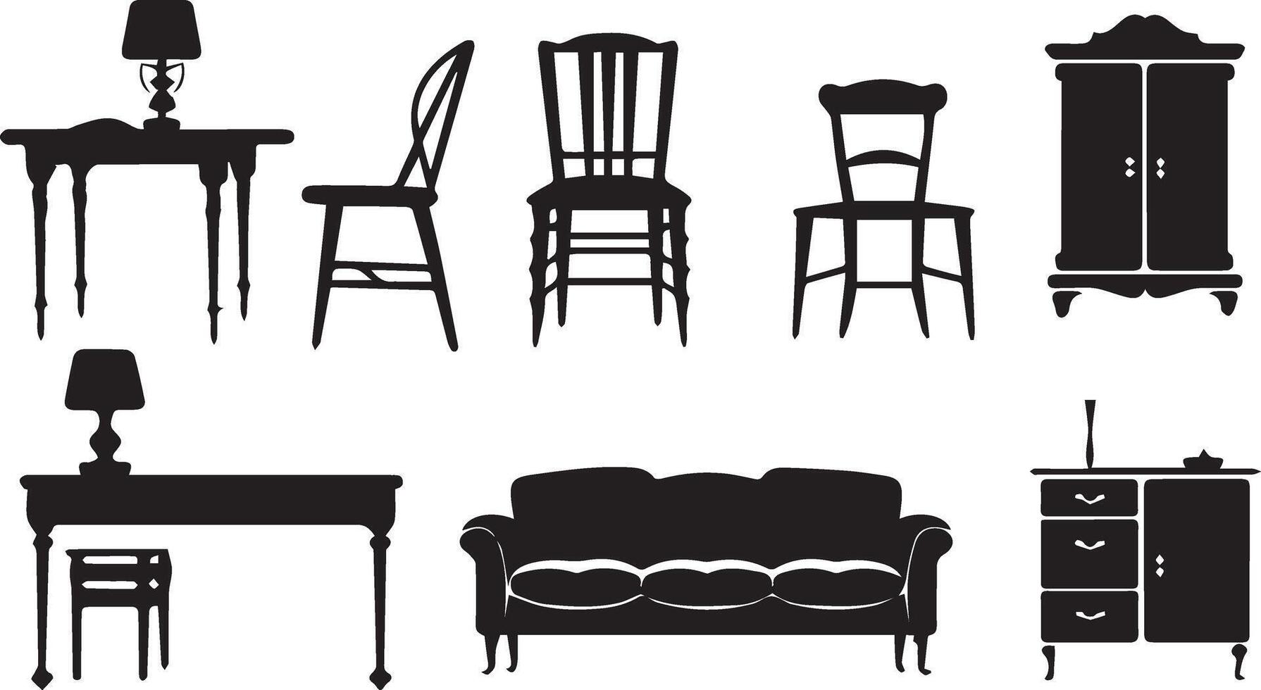 A series of furniture including a table and a chair vector