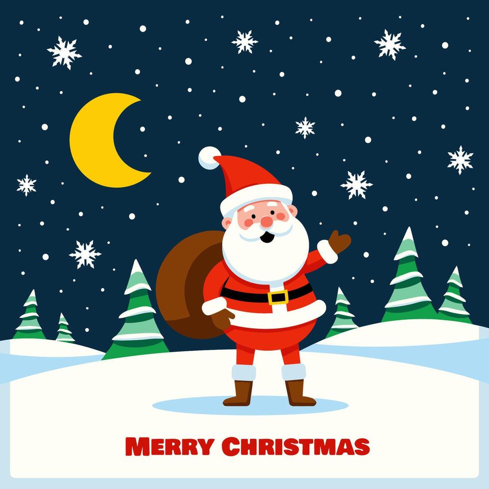 Cartoon Santa Claus with a bag in a snowy night, and text 'Merry Christmas' vector