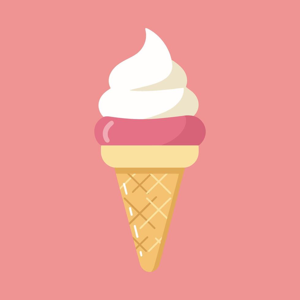 Ice cream cone on pink background, simple food illustration. vector