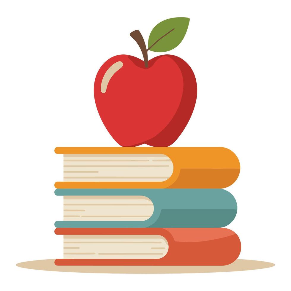 Apple on a stack of books, back to school illustration. vector