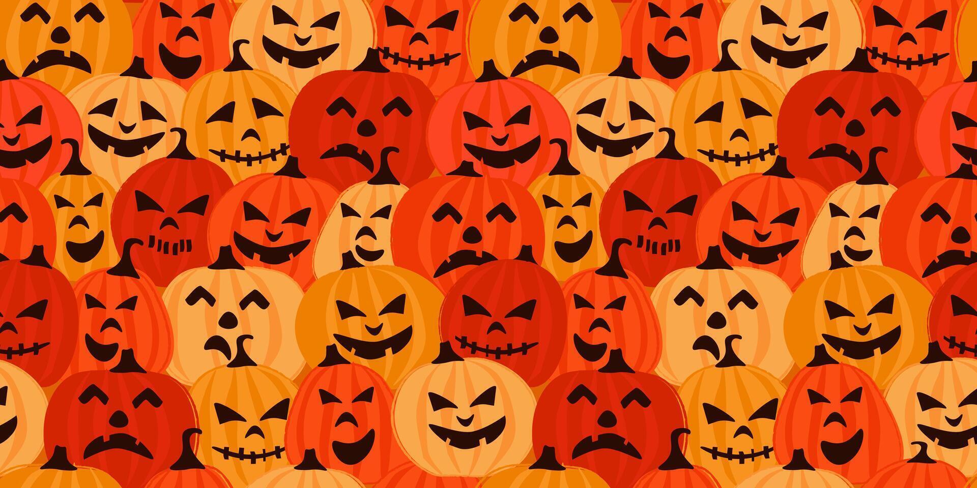 Seamless pattern with abstract silhouettes of pumpkins with scary funny faces. Festive emotions for the autumn holiday. vector