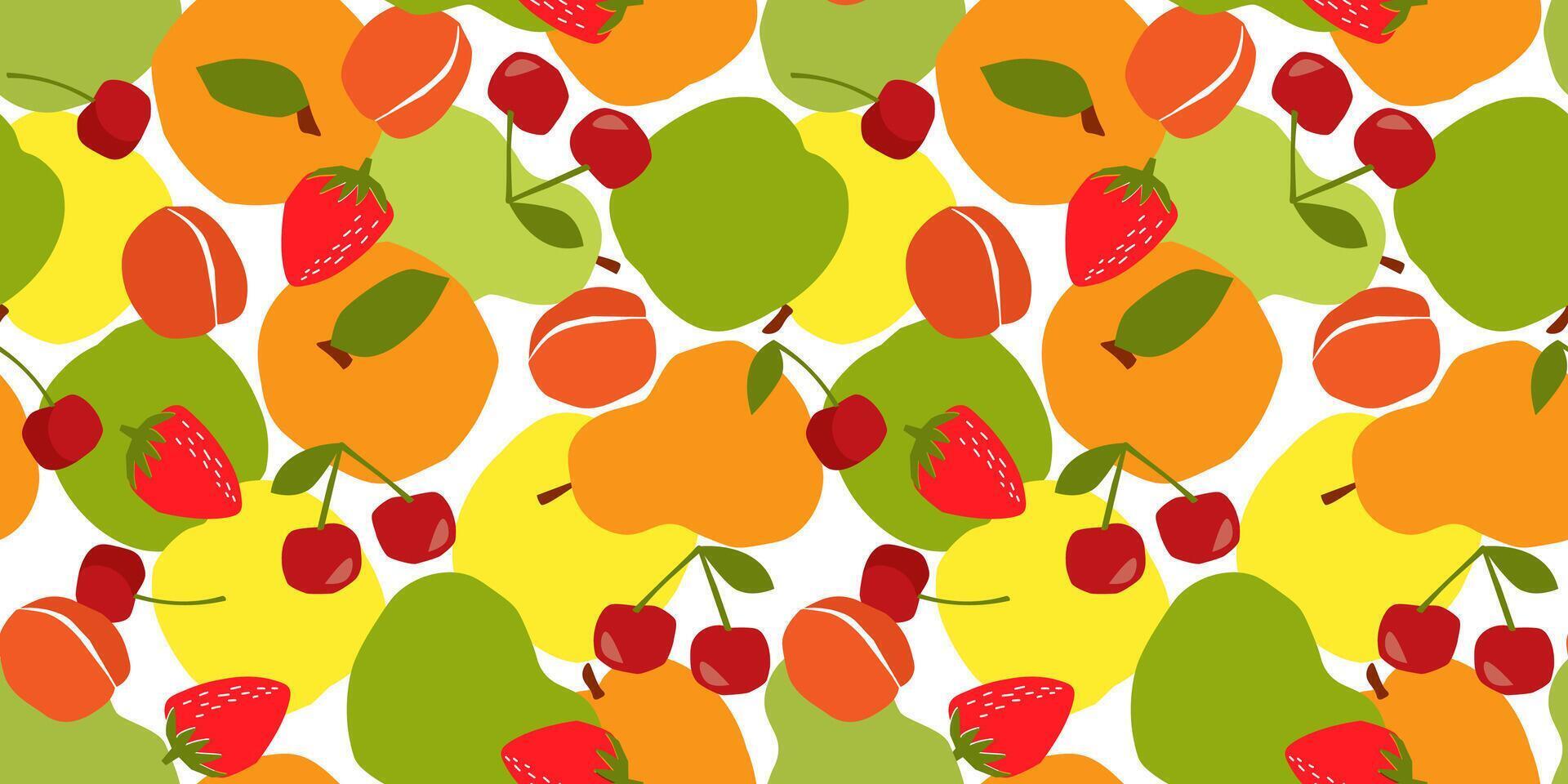 Seamless pattern with abstract silhouettes of fruits and berries. Summer print with apples, pears, strawberries, peaches, cherries. vector