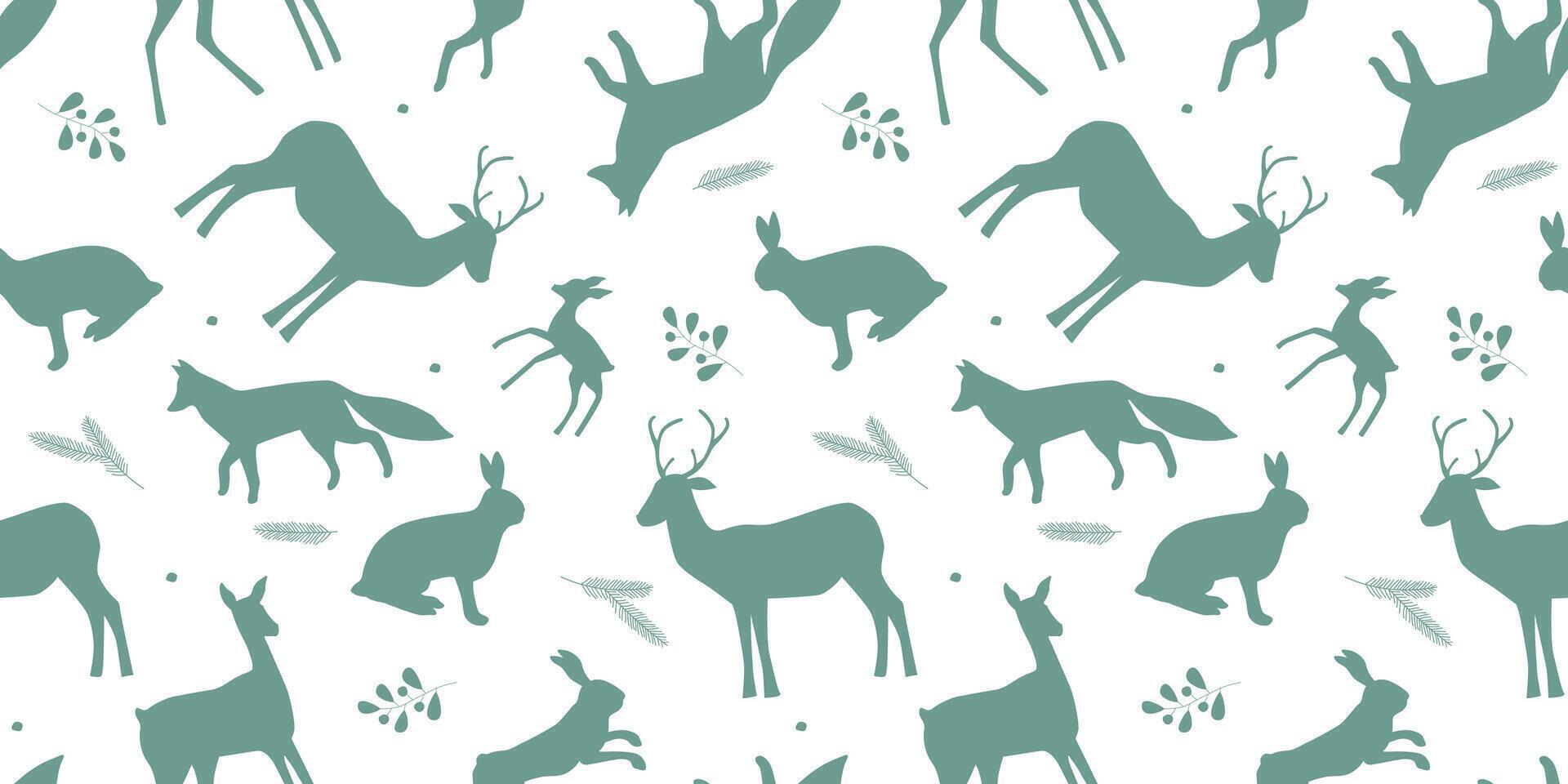 Seamless pattern with silhouettes of forest animals. Deer, hares, foxes on a monochrome print. vector