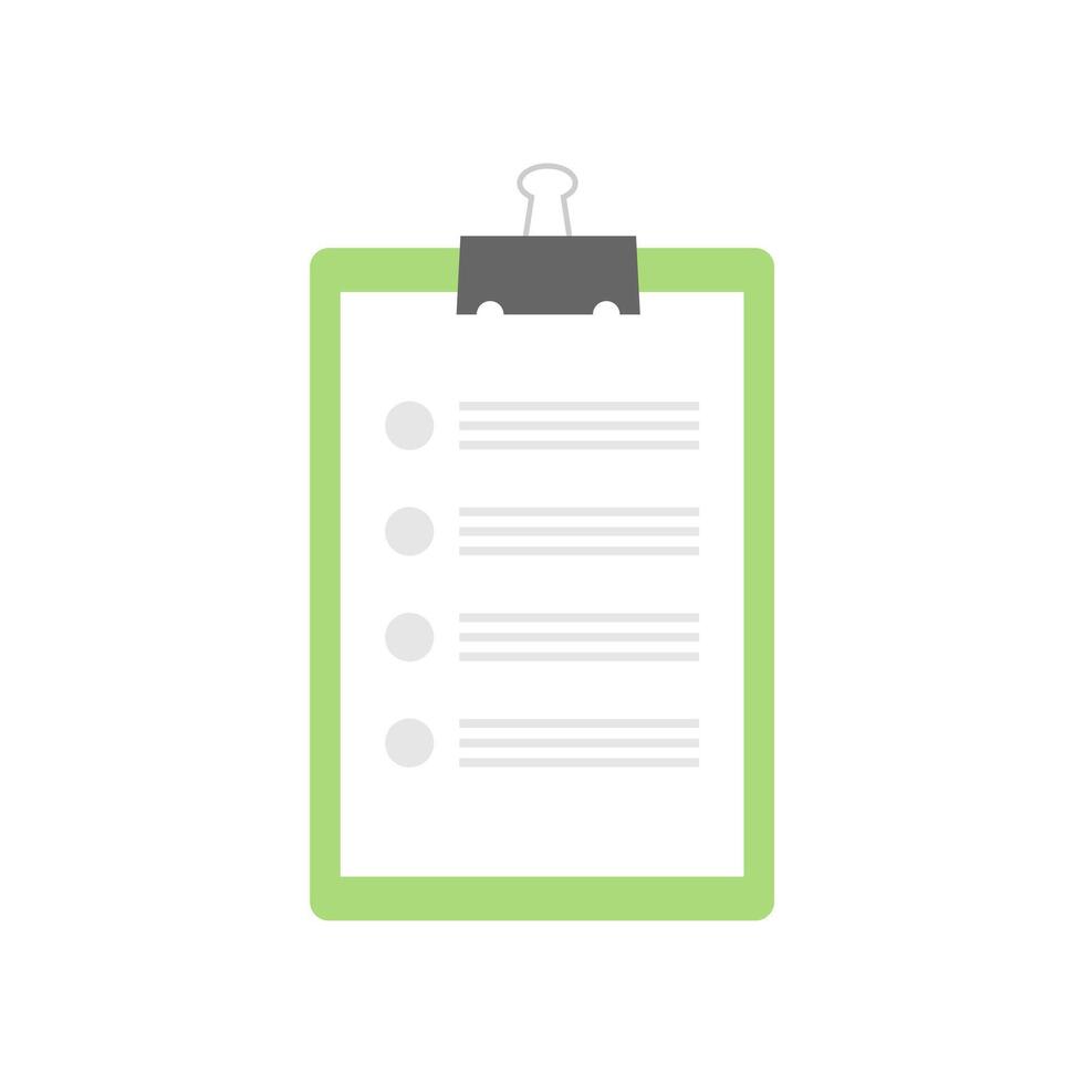 Clipboard with a paper for taking notes, writing, planning. Top view of a document on white background. Checklist on clipboard marking checkmark on paper checklist. Filling questionnaire, survey form vector