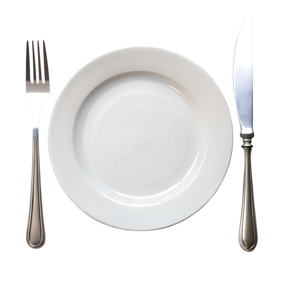 A white plate with a fork and knife png