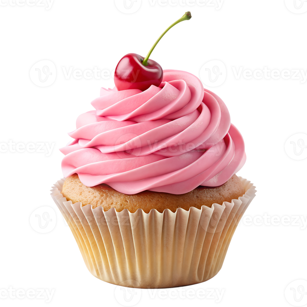 A cupcake with pink frosting and a cherry on top png