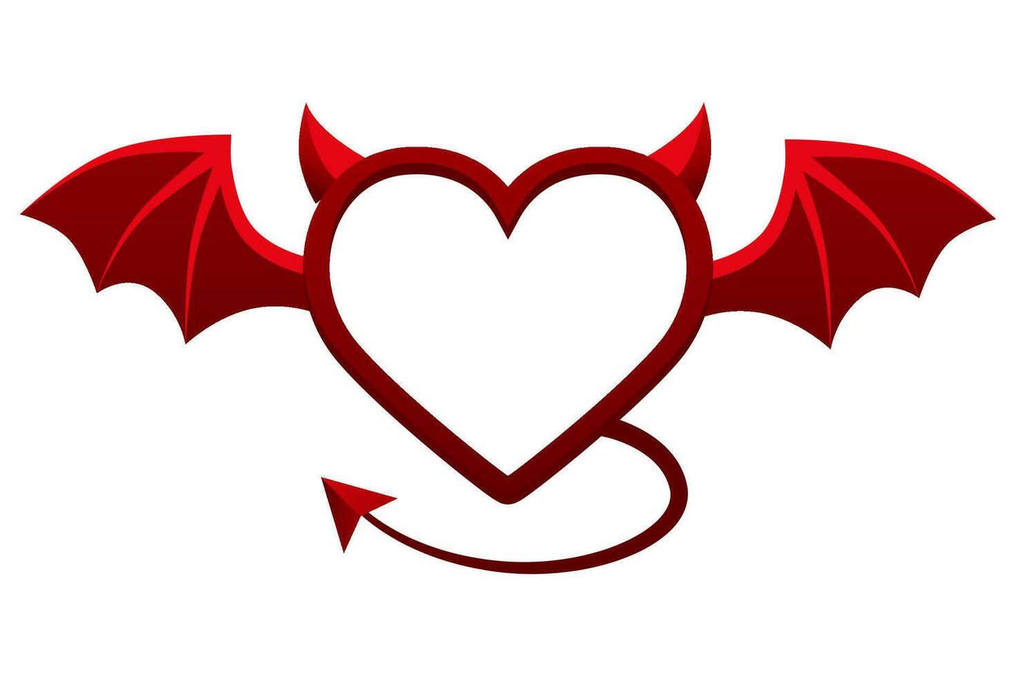 Devil red heart frame isolated on white background. Heart with tail wings and horns. Flat design, illustration for your designs, greeting cards, print, stickers or banners. vector