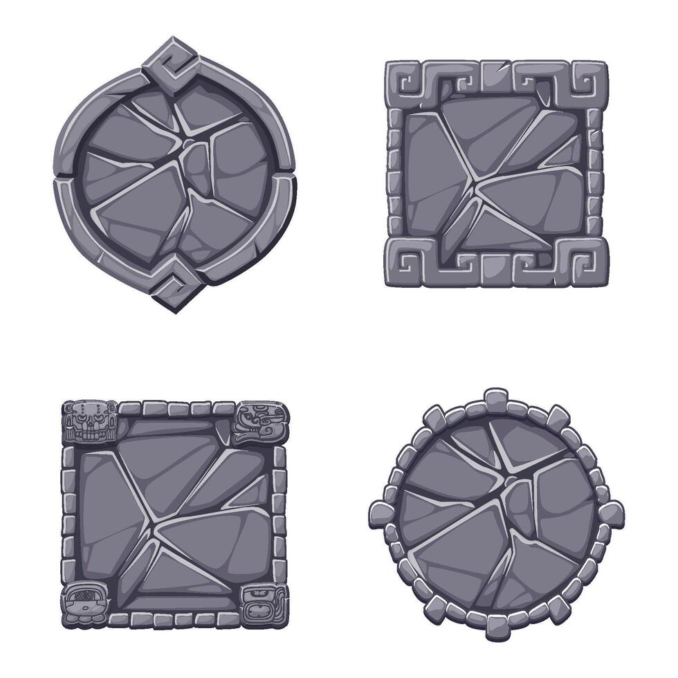 Stone sign board game UI illustration in Aztek style. APP frame for your icons, cracked granite rock frame. Solid gray stone texture background, tile interface decorative element on white background vector