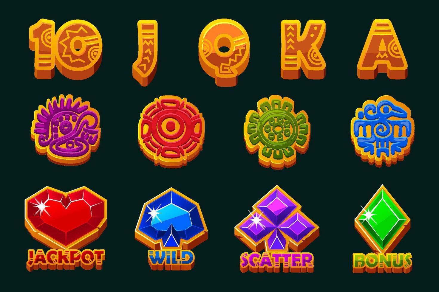 Set of 12 slot symbols Mayan or Aztec theme. Ui element for jackpot in gambling. Style Icons for 2D Games and Casino or Slots. Graphic elements for the development of slot machines vector