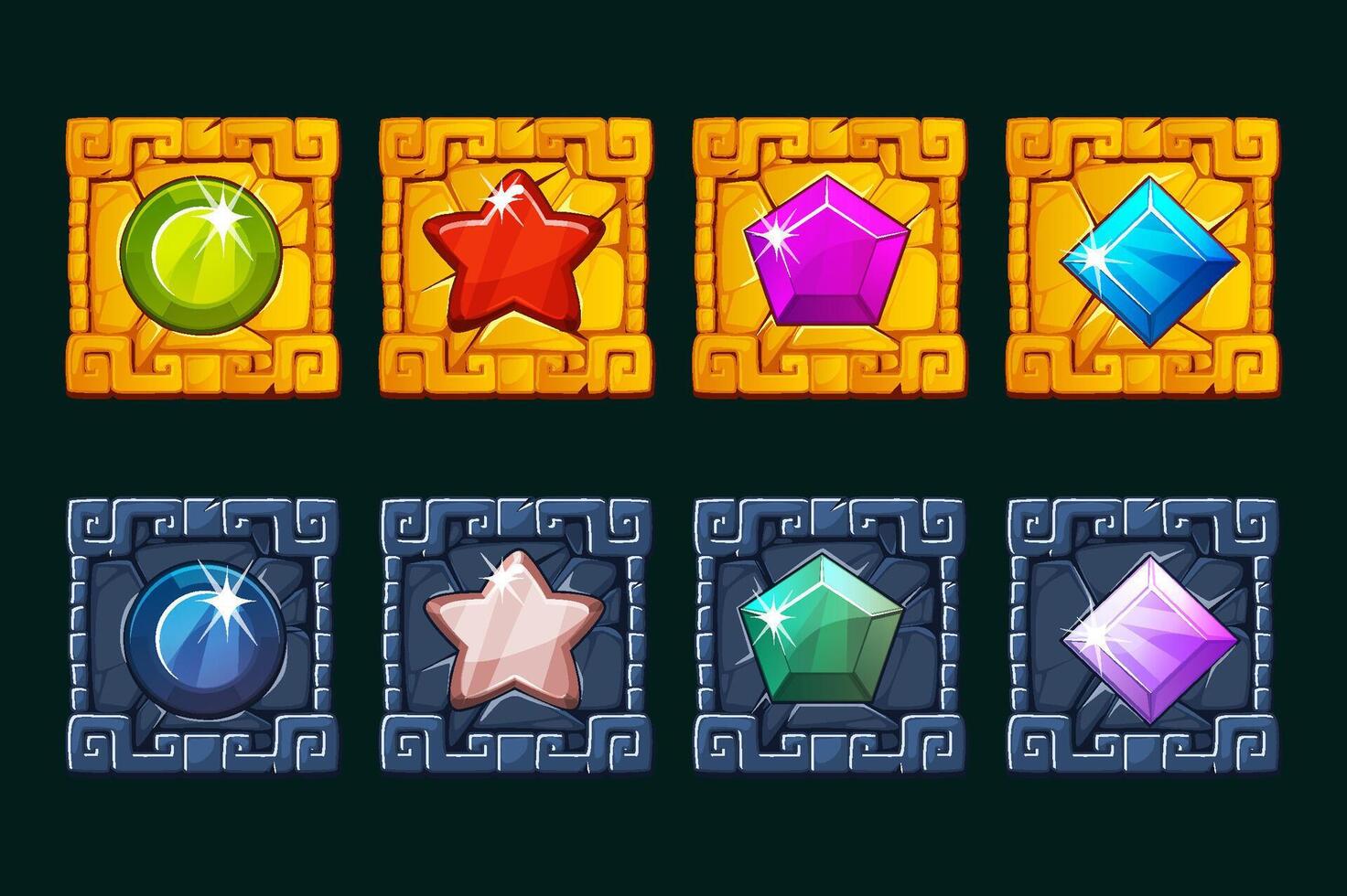 Aztec Gems stone and golden APP icons. Four Gemstones icons for slots or UI games. Bright precious treasure gemstones in golden and stone frame. Shiny jewel rock pieces. vector