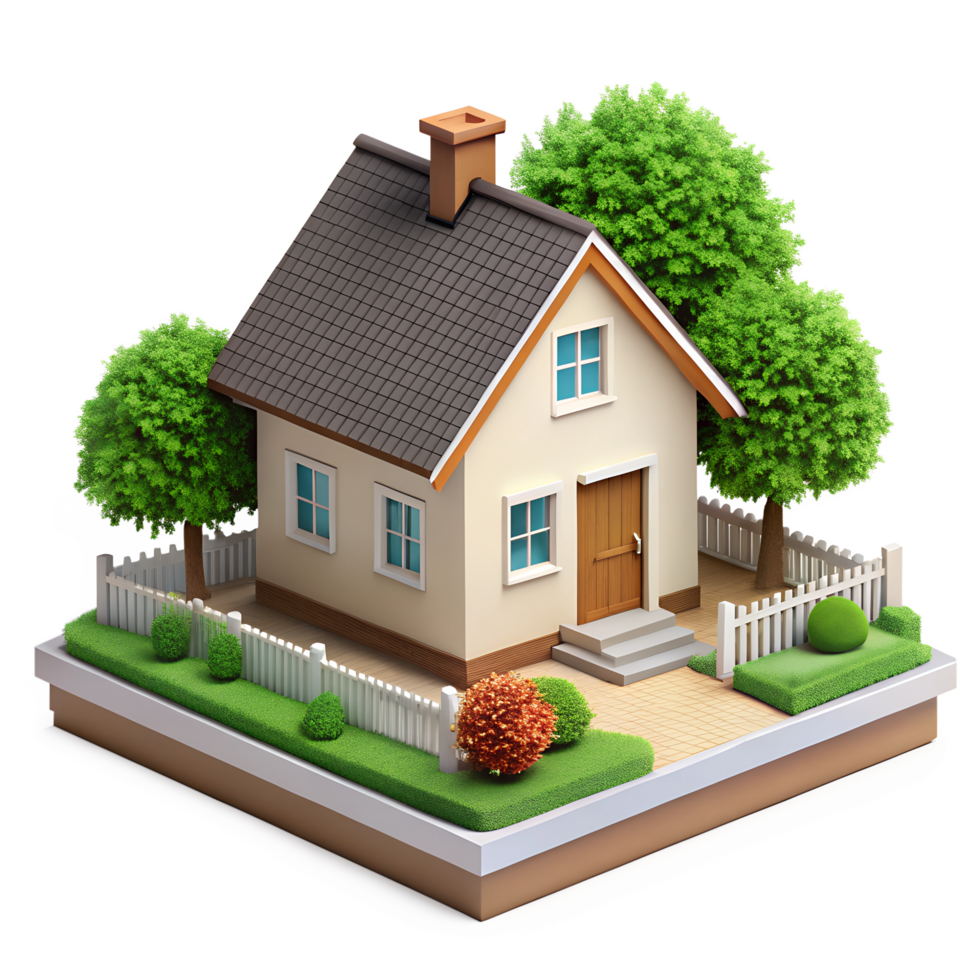 A small house with trees and bushes in front of it png