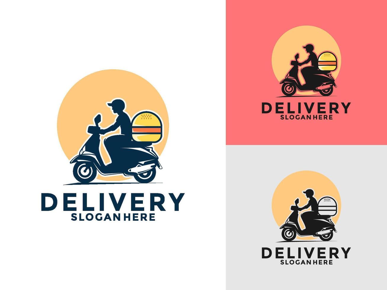 Burger Delivery logo icon. Delivery man motorbike or Scooter bike logo design, express free delivery logo vector