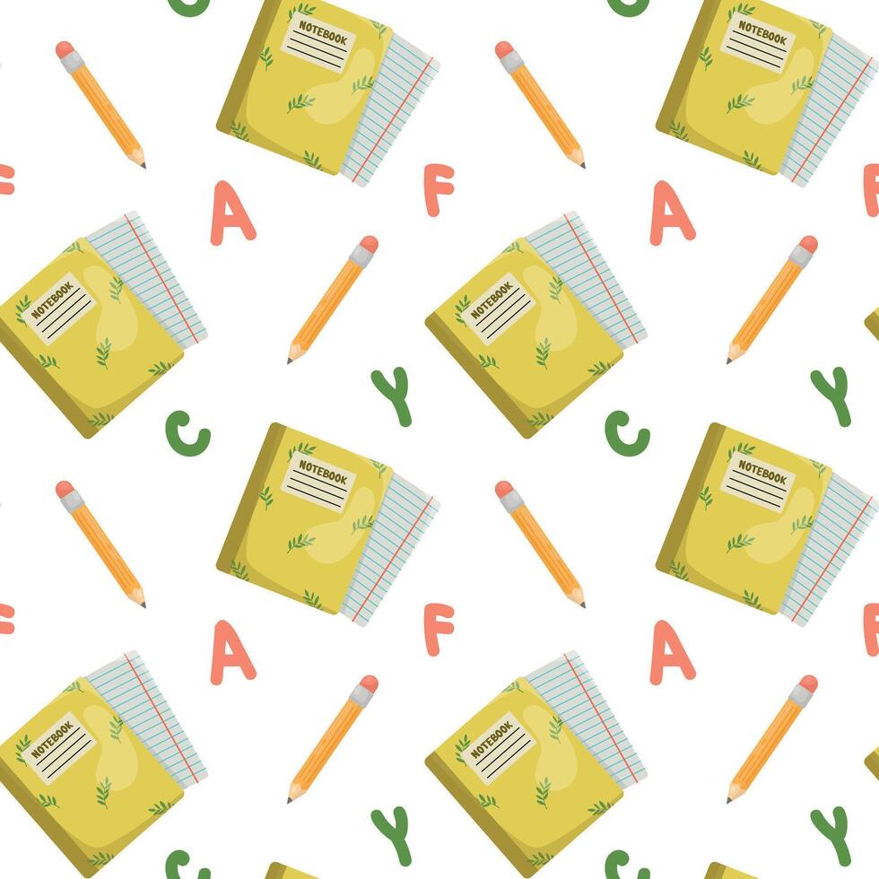 Pattern with notebook, pencil and letters. vector
