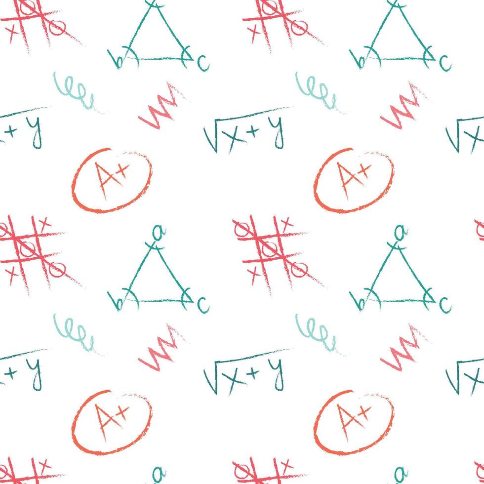 Pattern with hand drawings. Grade A, tic-tac-toe, triangle, formula. vector