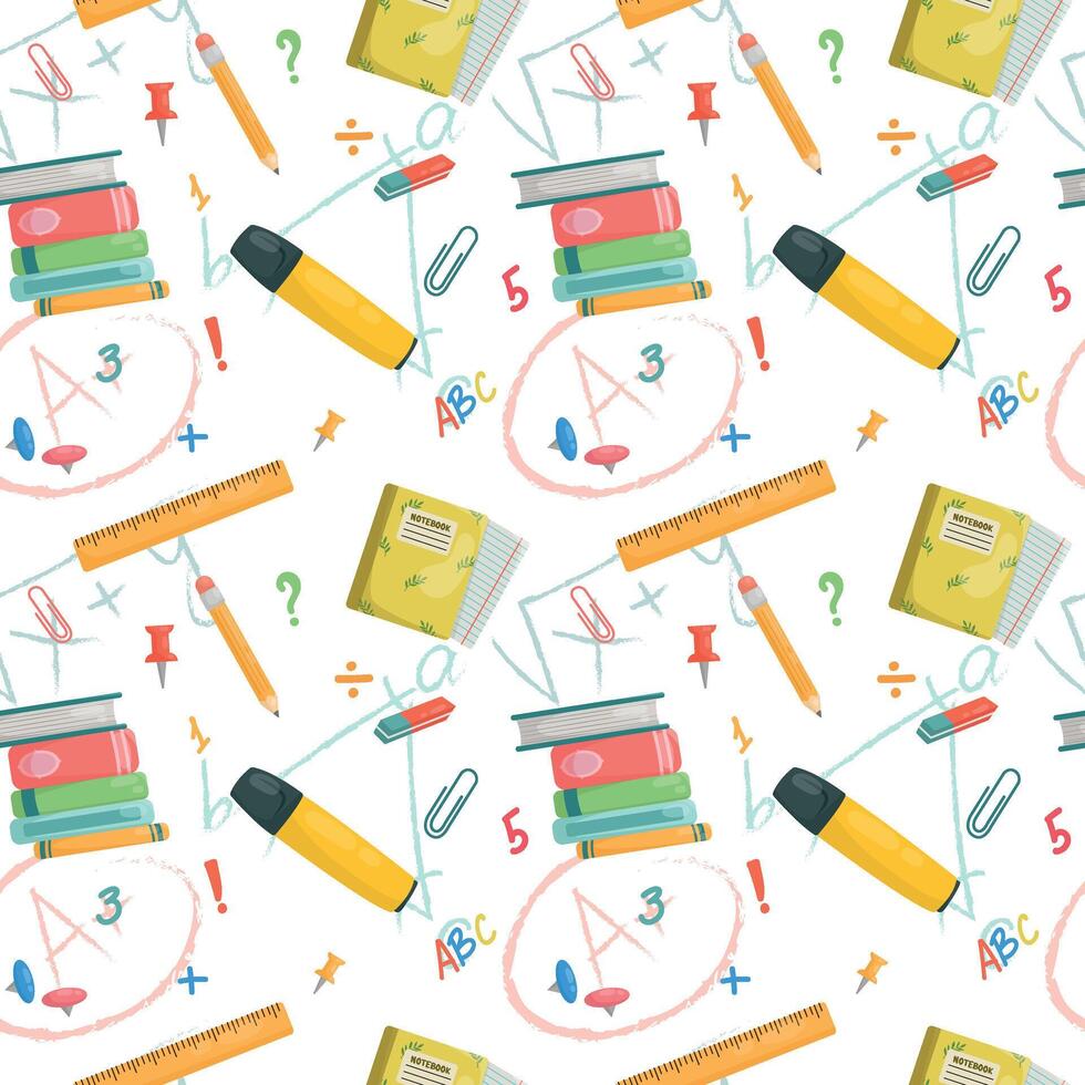 Pattern with notebook, stack of books, pencil, ruler and highlighter. vector