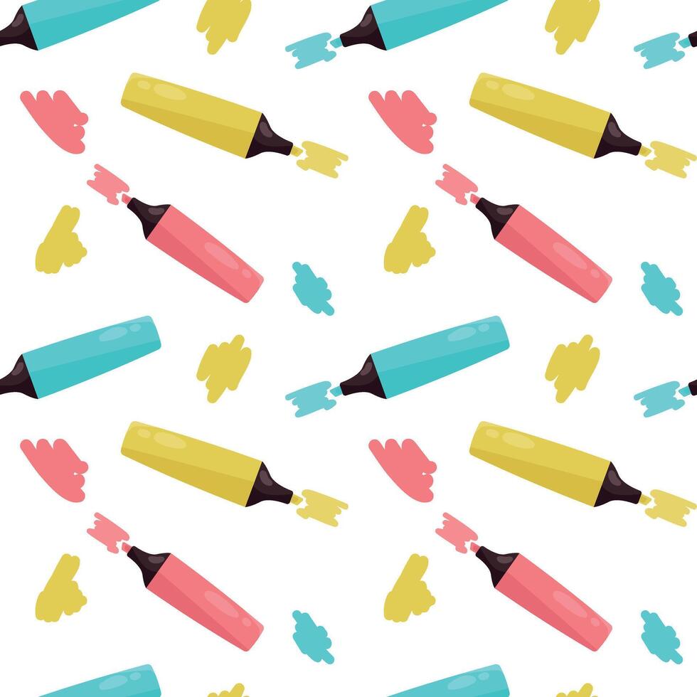 Pattern with highlighters in yellow, pink and blue colors. vector