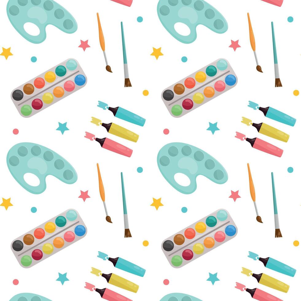 Pattern with artistic objects. Palette, paints, brushes, highlighters. vector