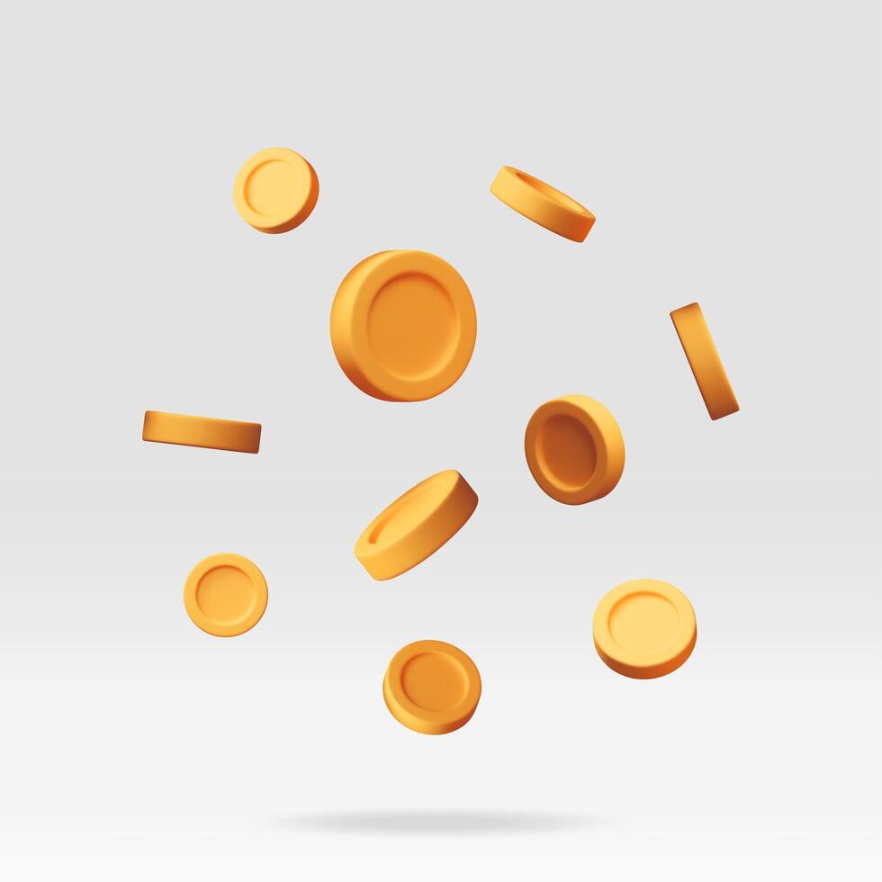 3d falling gold coins, money rain. Render golden coins. Rotating empty golden money vector
