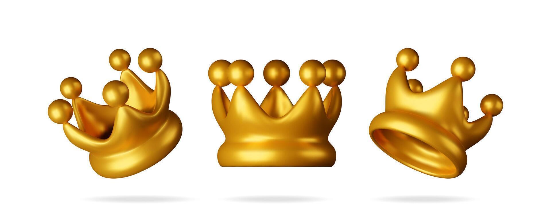 3D set of gold crown icon isolated. Render metal crown emoji symbol vector