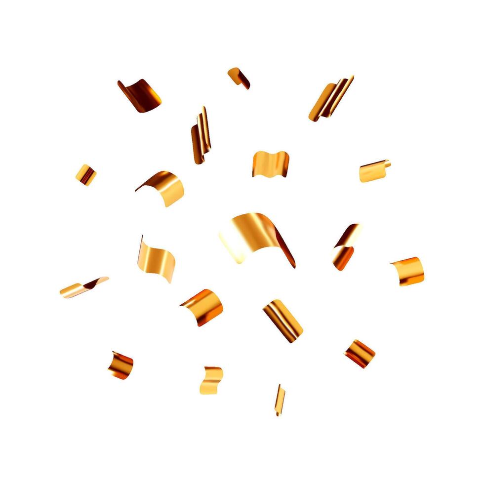 3D party gold confetti round isolated. Render golden confetti in empty space. Metal firecracker vector