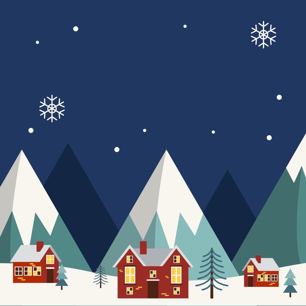 Winter landscapes with houses, hills in snowdrifts, mountain square background with blank space area vector