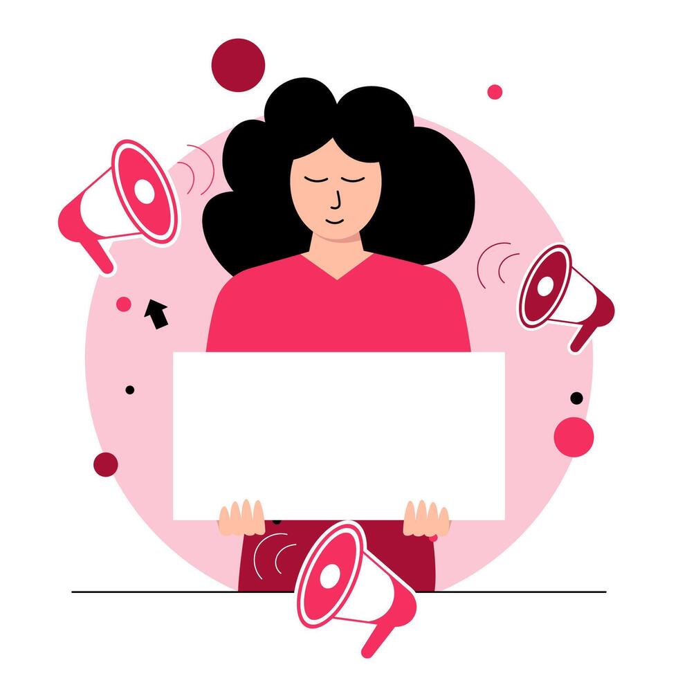 A woman holds a blank sign amidst vibrant megaphones, symbolizing empowerment and the power of voice in a creative and artistic setting vector