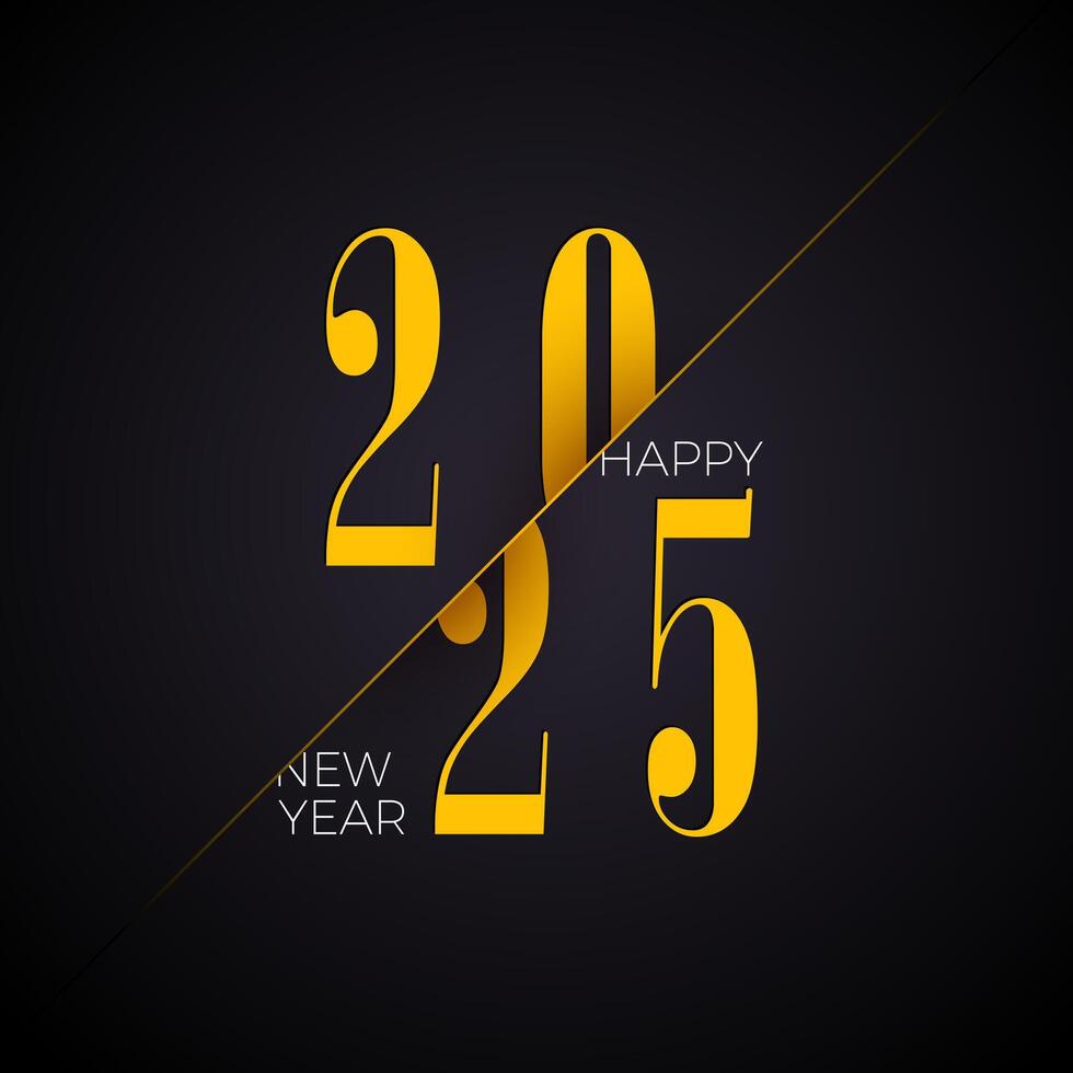 2025 Happy New Year Illustration with Golden Number and Typography Lettering on Black Background. Holiday Design for Flyer, Banner, Greeting Card, Celebration Poster, Party invitation or Calendar. vector