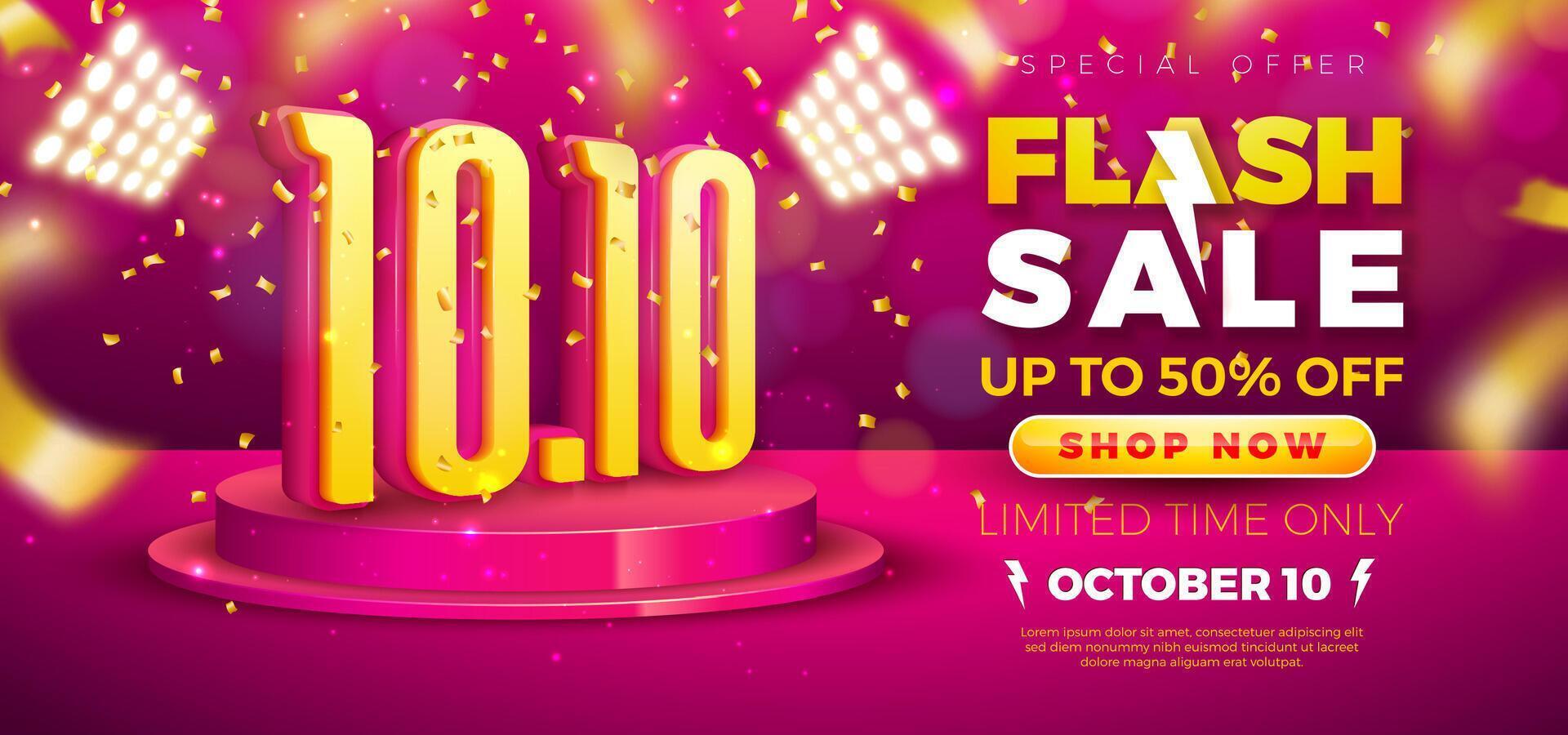 10 October Shopping Day Flash Sale Design with 3d 10.10 Number, Light Bulb Billboard and Stage Podium on Red Background. Special Offer 50 Percent Off Campaign Discount Illustration for Coupon vector
