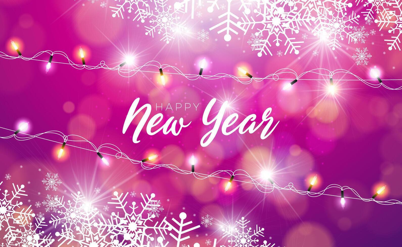 2025 Happy New Year Illustration with Typography Lettering and Glowing Christmas Light Garland on Blue Background. Holiday Design with Falling Serpentine for Flyer, Banner, Greeting Card, Celebration vector