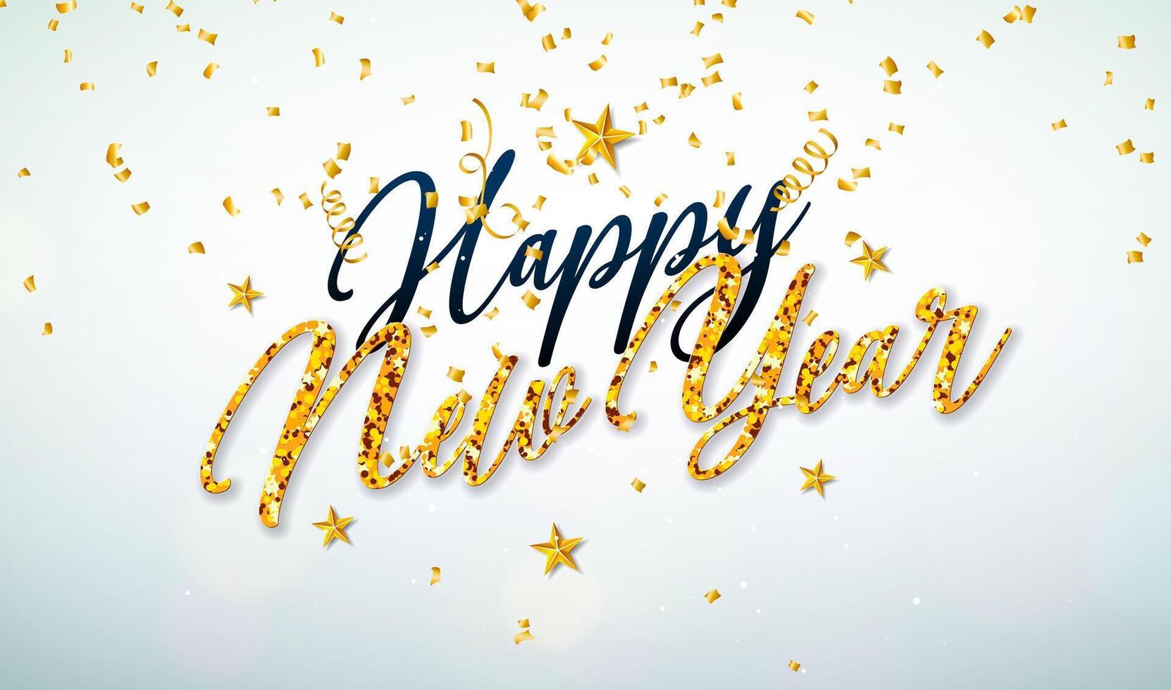 Happy New Year 2025 Banner Illustration with Gold Glittered Typography Lettering and Falling Confetti on White Background. Christmas Holiday Design for Flyer, Greeting Card, Celebration Poster, Party vector