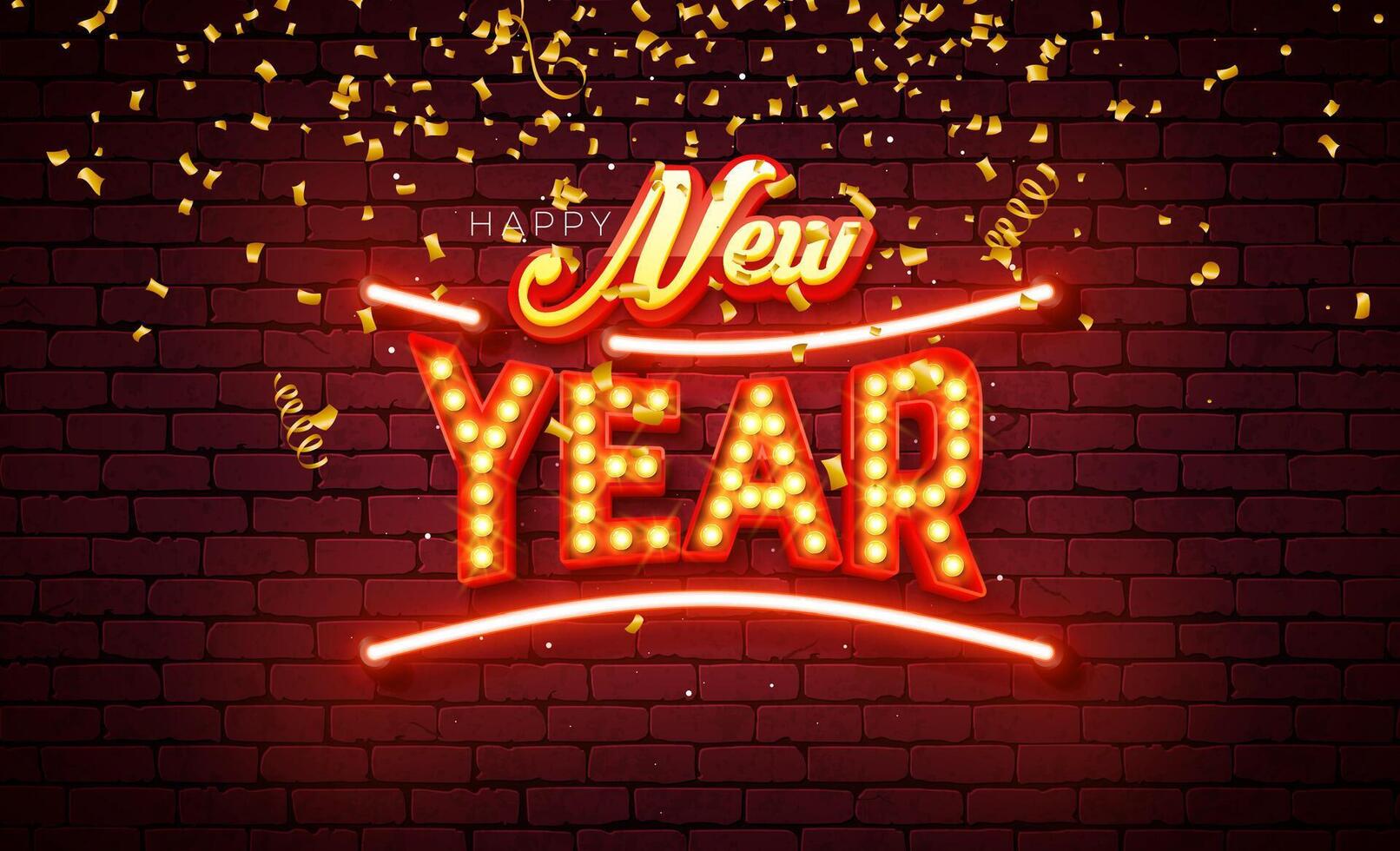 Happy New Year 2023 Illustration with Glowing Neon and Light Bulb Lettering on Brick Wall Background. Christmas Holiday Season Design for Flyer, Greeting Card, Banner, Celebration Poster, Party vector