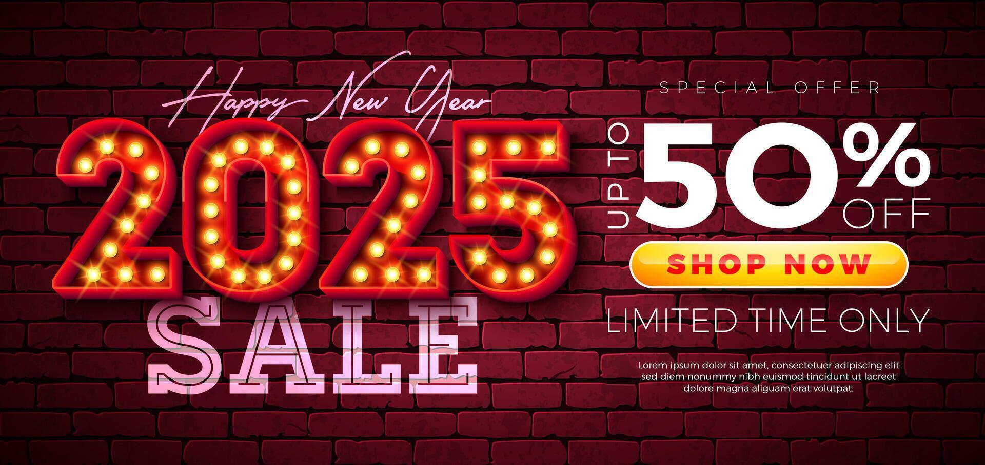 Happy New Year Sale 2025 Design with 3d Glowing Light Bulb Billboard Typography Lettering on Brick Wall Background. Holiday Special Offer Campaign Discount Illustration for Coupon, Voucher, Banner vector