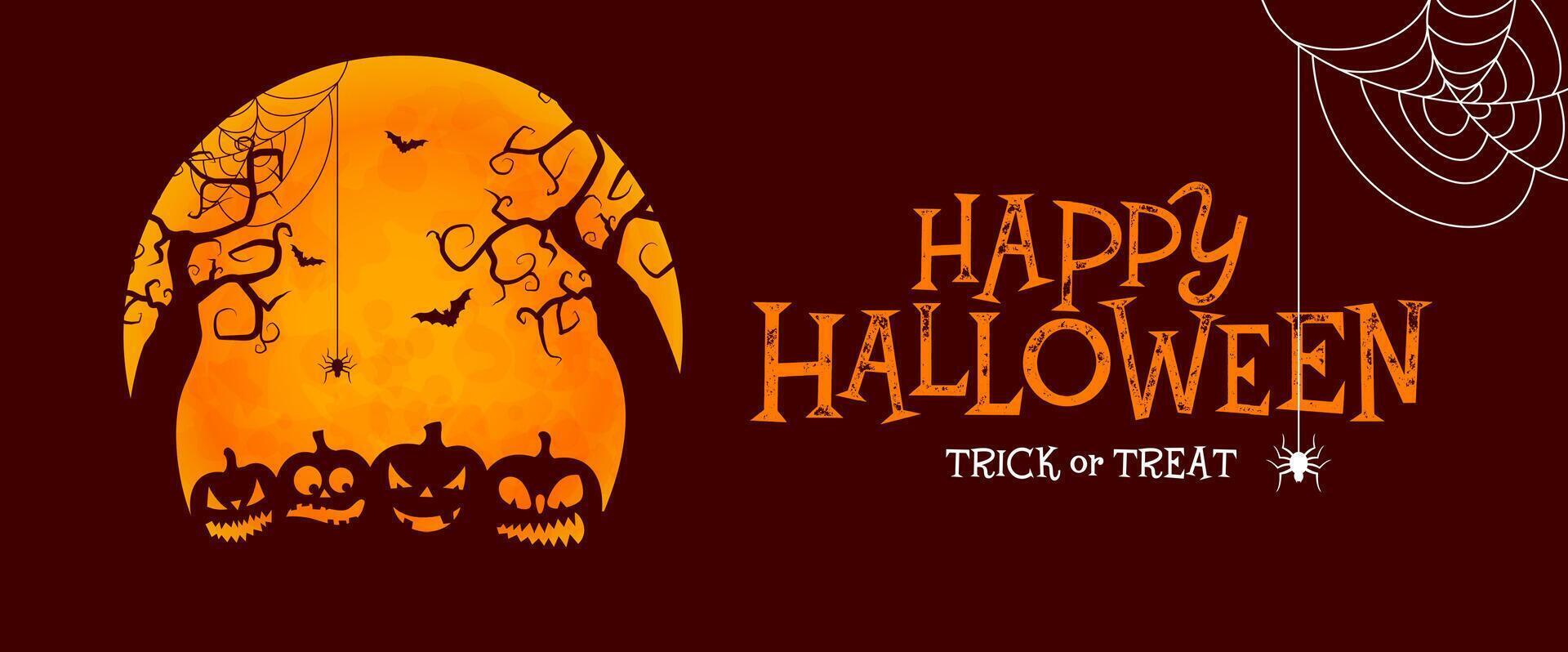 Happy Halloween Illustration with Moon, Pumpkin, Flying Bats, Spider and Typography Lettering on Dark Background. Holiday Design for Banner, Greeting Card, Celebration Poster, Party Invitation. vector