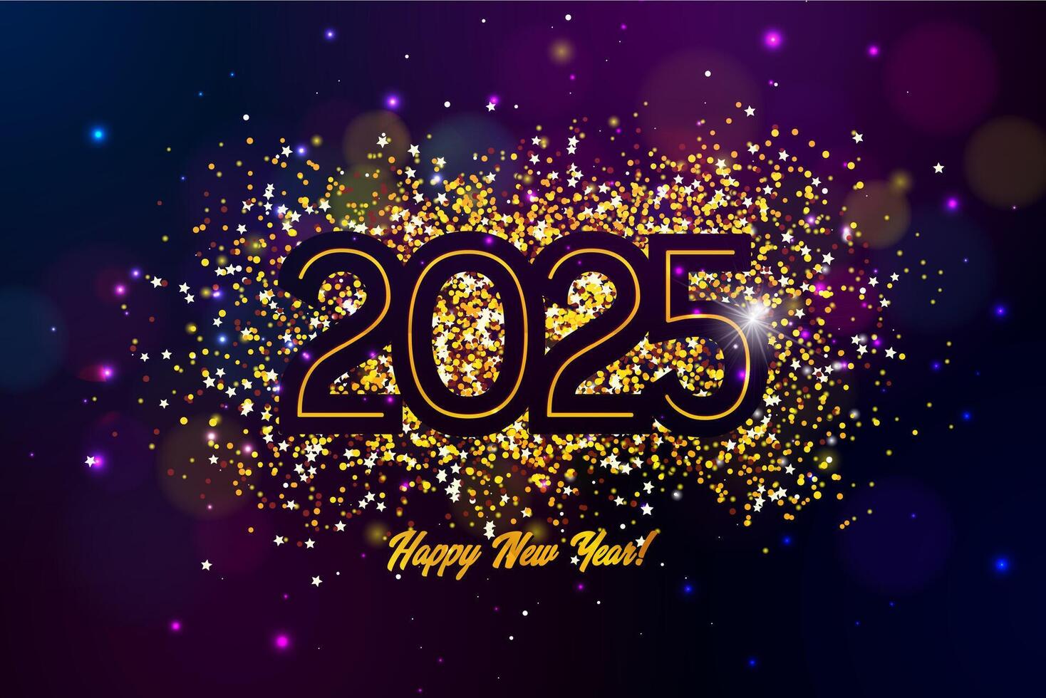 2025 Happy New Year Illustration with Gold Glittered Number and Falling Confetti on Dark Background. Christmas Holiday Design with Typography Lettering for Flyer, Greeting Card, Banner, Celebration vector