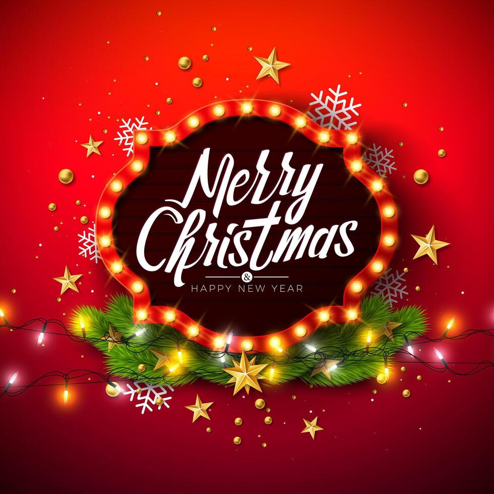Merry Christmas and Happy New Year Illustration with Typography Letter on Light Sign Board and Pine Branch on Red Background. Holiday Design for Greeting Card, Party Invitation or Promo Banner. vector