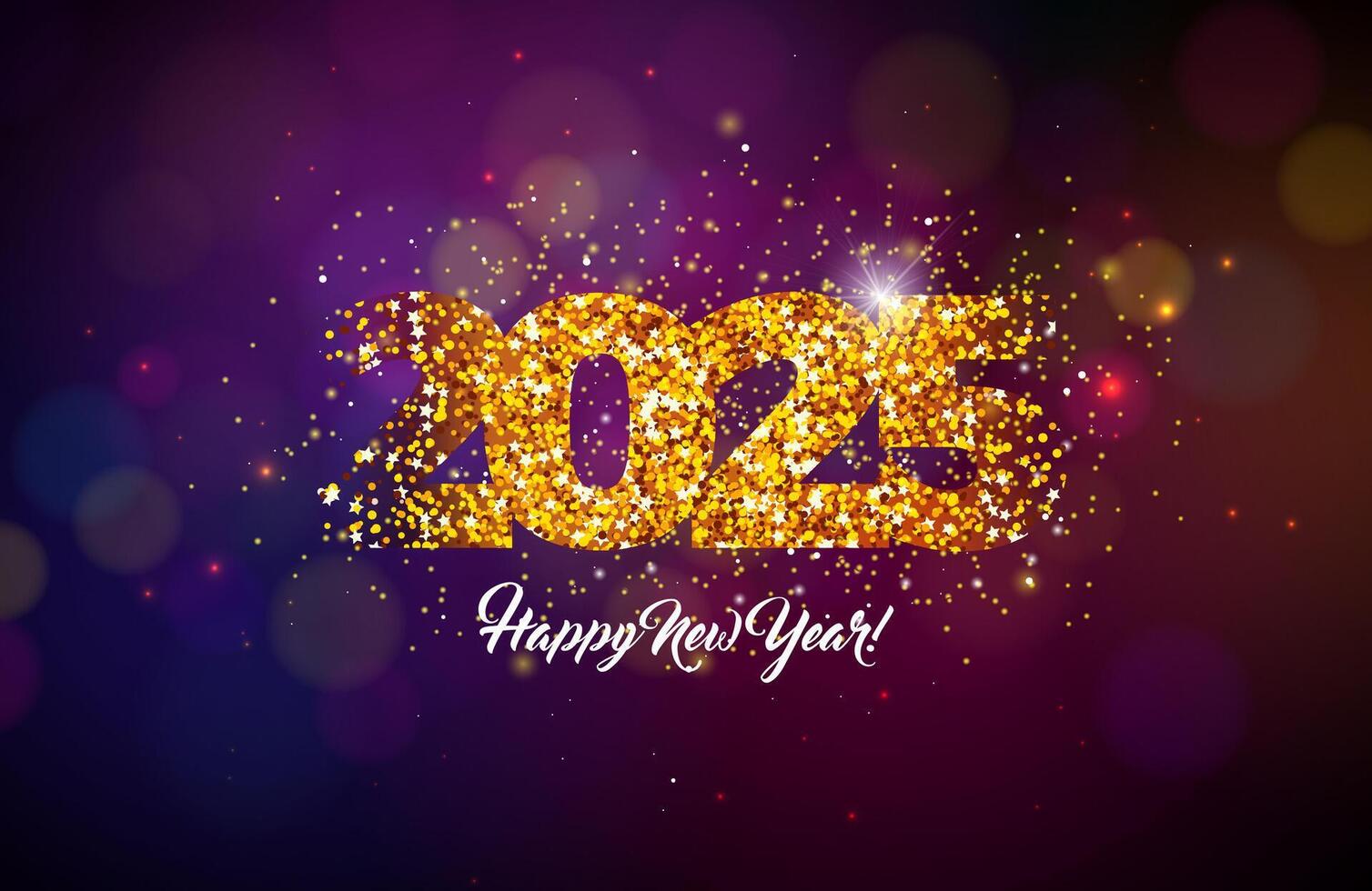 2025 Happy New Year Illustration with Gold Glittered Number and Falling Confetti on Dark Background. Christmas Holiday Design with Typography Lettering for Flyer, Greeting Card, Banner, Celebration vector