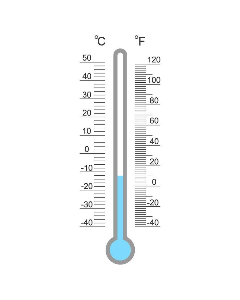 Celsius and Fahrenheit meteorological thermometer degree scale with cold temperature index. Outdoor temperature measuring tool with glass tube vector