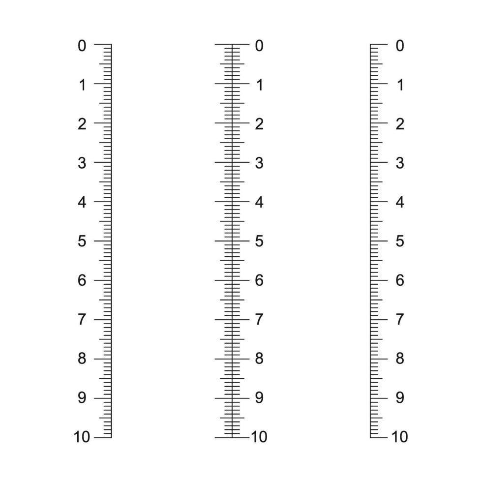 Vertical ruler scale with 10 centimeters markup. Measuring chart templates. Distance, height or length measurement math or sewing tool vector