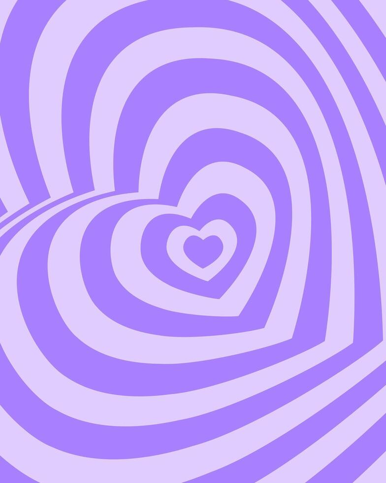 Poster with purple repeating rotating hearts in trendy retro 2000s design. Groovy psychedelic pattern in girly y2k style. Cute flat illustration in pastel colors vector