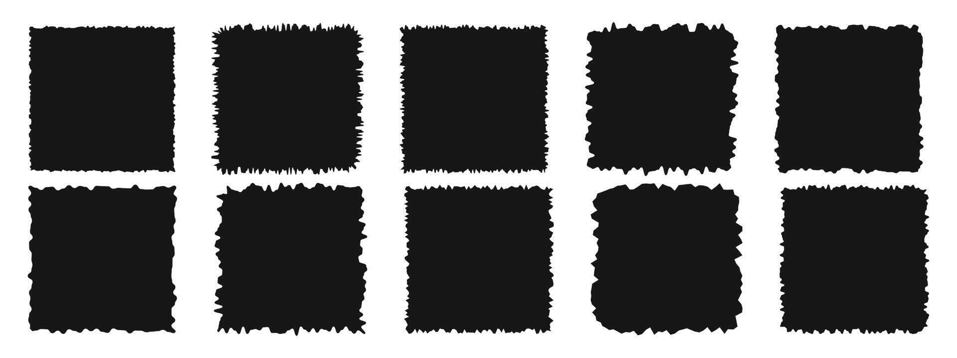 Set of black square shapes with torn edges. Jagged paper or cardboard textures. Empty ripped text box, label, tag, photo frame templates vector