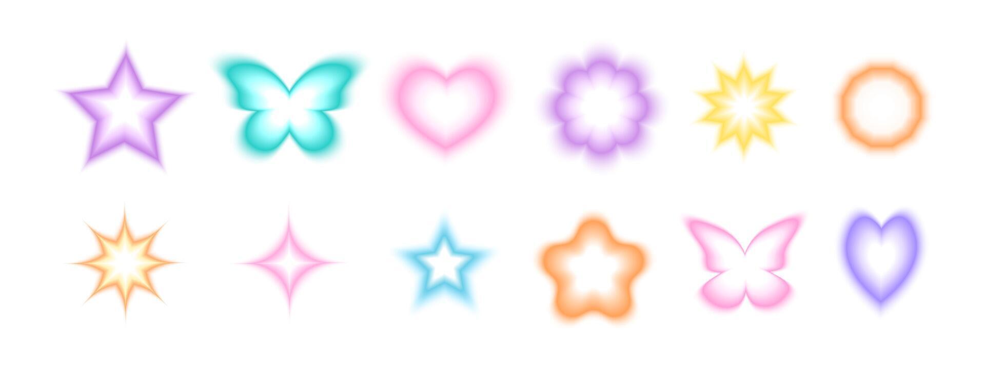 Set of trendy y2k stickers with gradient aura effect. Cute star, sparkle, flower, butterfly, heart shapes in neon, holographic, blurry style vector